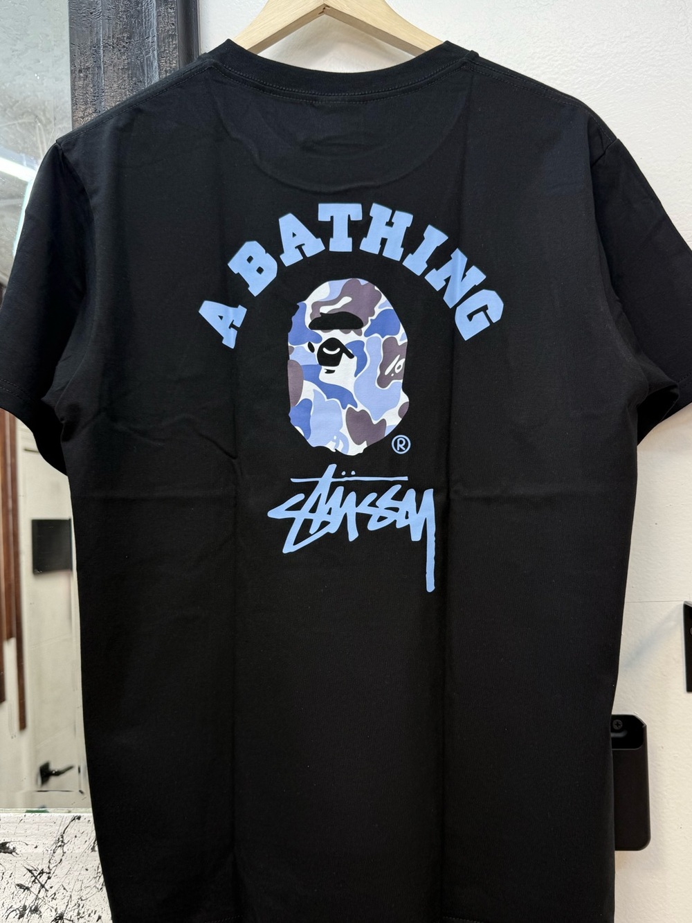 Bape Black Tee with Blue Camo Ape Head